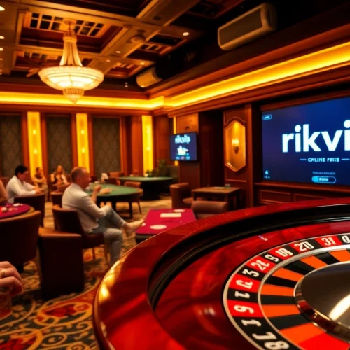 Experience the excitement of rikvip with a captivating casino scene bustling with action.