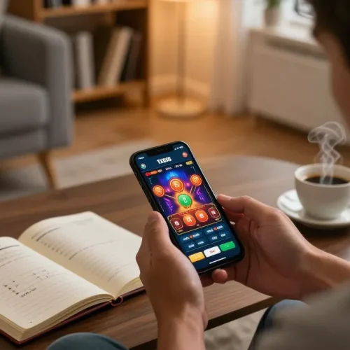 Player engaging with the TX666 mobile app in a cozy living room, focusing on responsible gambling.