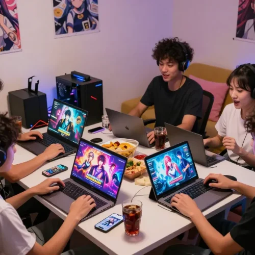 Players enjoying immersive free porn games in a cozy gaming nook, showcasing vibrant visuals on multiple devices.