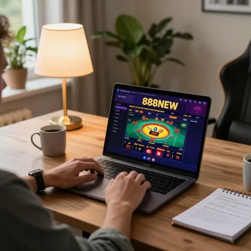 Player engaging with 888NEW's online casino interface for a strategic gaming session at home.
