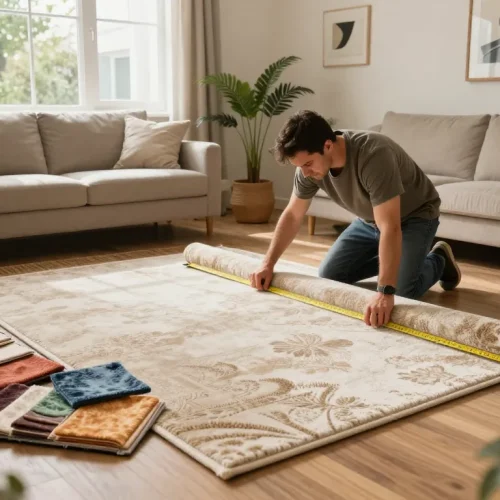 Residential carpet installation in a modern living room with an installer measuring carpet and colorful samples.