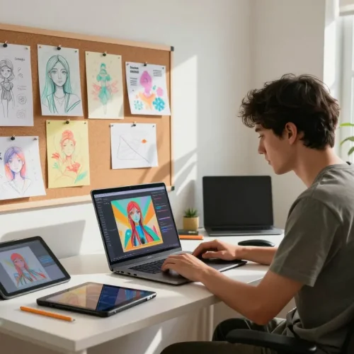 Image prompt generation in a creative workspace showcasing an artist with vibrant artwork.