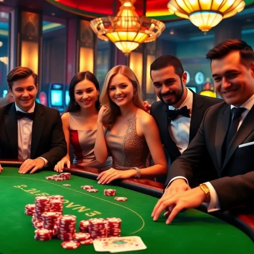 Excited players engaging in high-stakes poker at 98win's luxurious casino table.