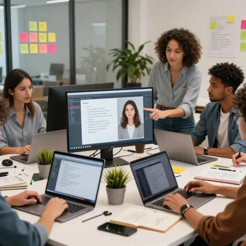 Users interacting with an image to prompt generator in a bright workspace, showcasing creativity and technology.