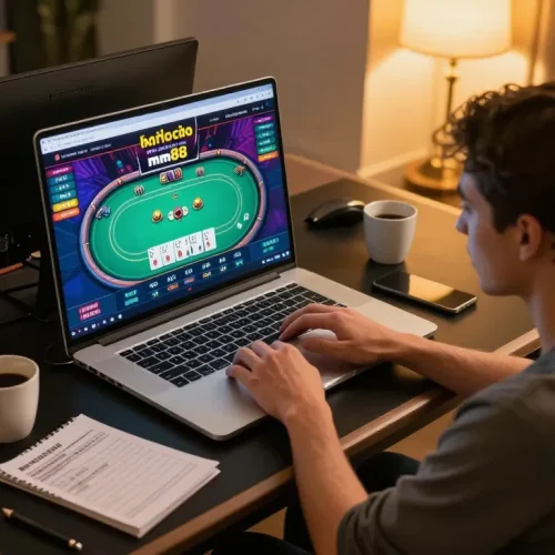 Engaging player using nhà cái mm88 on laptop while reviewing betting strategies.