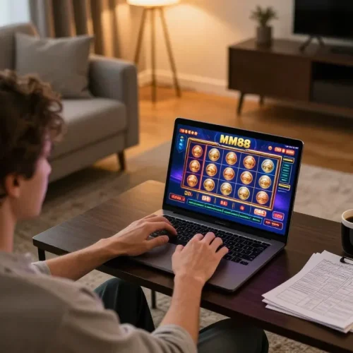 Player enjoying online casino games at MM88 on a cozy laptop setup