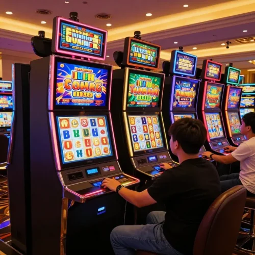 Experience thrilling wins at Slot Malaysia's vibrant casino floor, where players engage with colorful slot machines.