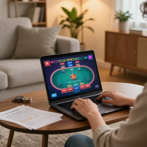 Kuwin user engaging in an online poker game using a laptop in a cozy living room