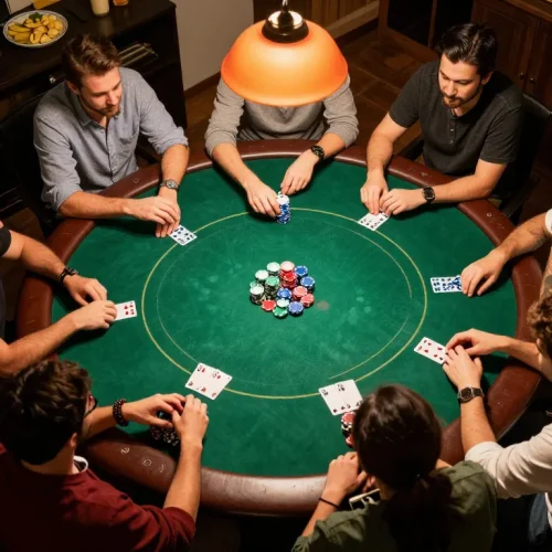 Engaged friends playing poker at home with 777VIP atmosphere, colorful poker chips and snacks