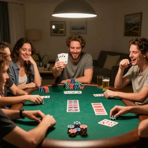 Nổ Hũ Super Ace game being played during a social home poker night with friends, showcasing vibrant chips and cards.