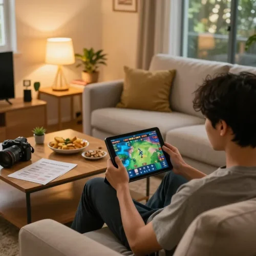 Playing game bài đổi thưởng on a tablet in a cozy home setting with strategy notes and snacks out