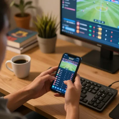 Engaging with câu hỏi thường gặp 789win on a smartphone while placing sports bets in a cozy home office setting