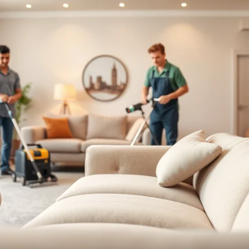 Couch cleaning in Glasgow showcasing a clean couch and professional cleaners in a modern setting.