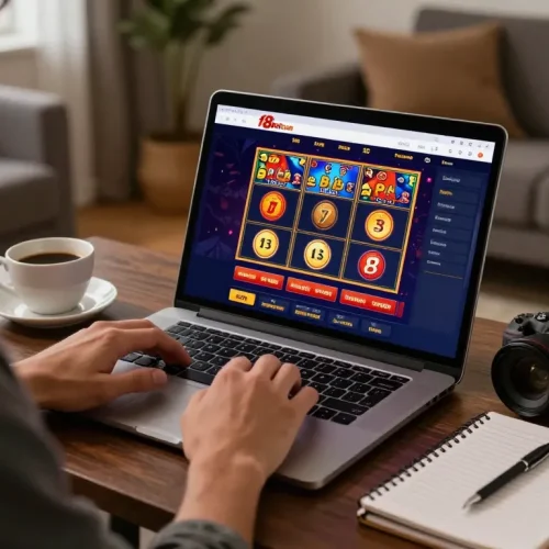 Player enjoying f8bet com online slots from home with cozy atmosphere and strategic notes nearby.