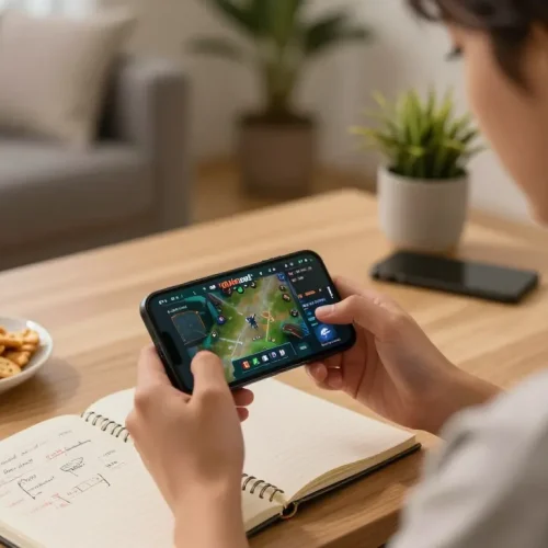 Player engaging with the 8kbet app while strategizing in a cozy home office setting.