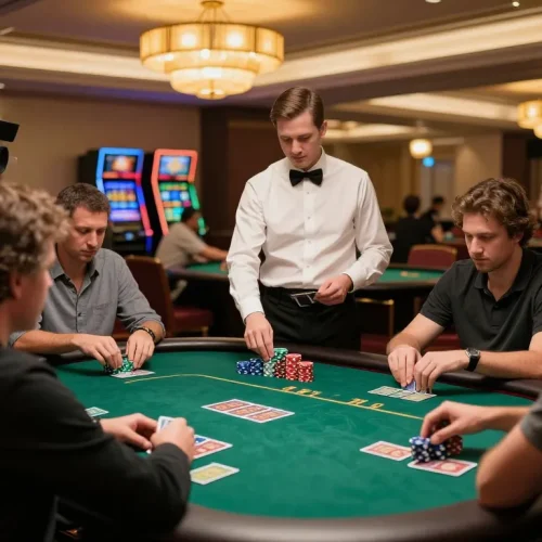 Players enjoying poker at a high-stakes table in a luxury casino, showcasing strategic gameplay at Okfun.