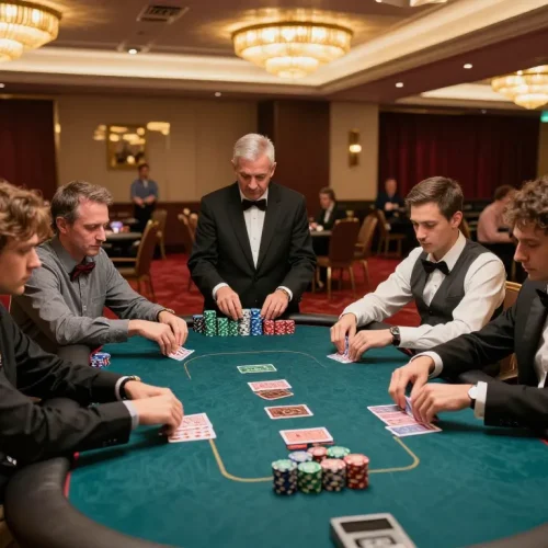 TR88 players engaging in a high-stakes poker game with chips and cards