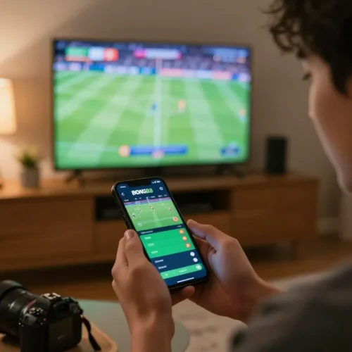 Person engaging with BONG88 sports betting app on a smartphone, showcasing live odds and home atmosphere.