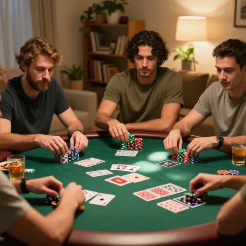Gather friends playing poker at home with 8XBET strategy and engagement.