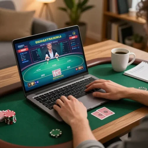 KJC player engaging in online poker game with strategic preparation and cozy home atmosphere.