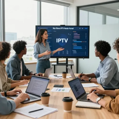 Entrepreneurs using the Sky Glass IPTV Reseller Panel to manage IPTV subscriptions in a modern office setting.