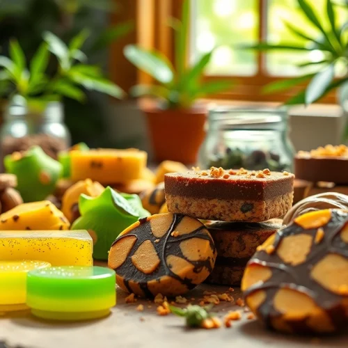 Buy Marijuana Infused Edibles Online UK with vibrant selection on rustic table