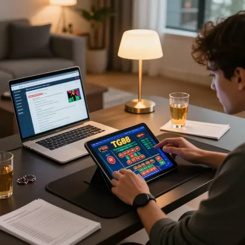 Engaging user playing on the TG88 online casino platform in a modern home setting.