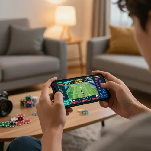 Người chơi sử dụng ứng dụng 12bet để đặt cược thể thao, thể hiện sự phấn khích và trò chơi hấp dẫn.