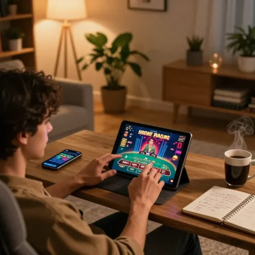 Player engaging with the 1gom online casino app on a tablet, showcasing vibrant live dealer graphics and a cozy home environment.