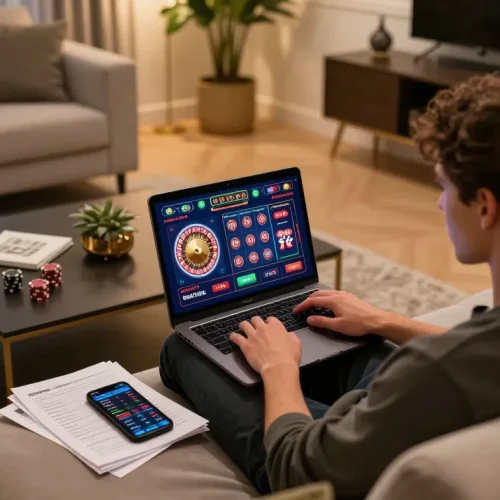 gmnc user enjoying an online casino game on a modern laptop during a cozy evening