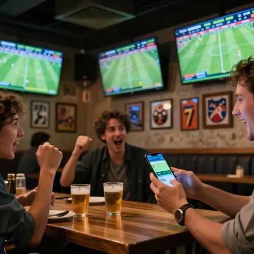 Kèo nhà cái sports betting enthusiast cheering while using a smartphone app to place bets.