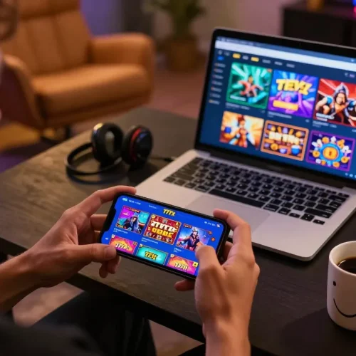 Player using 777x mobile app for online casino gaming, showcasing vibrant interface and strategic accessories.