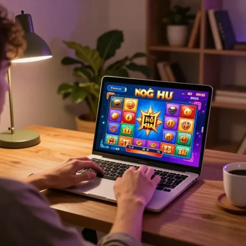 Engaging player enjoying an online nổ hũ game on a laptop at home, showcasing responsible gambling.