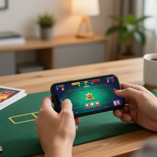 HB88 gaming experience with a player enjoying poker on their smartphone in a cozy home setup