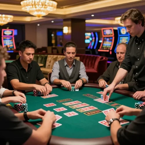 Bài Xì Dách players engaged in an intense game with vibrant casino atmosphere.