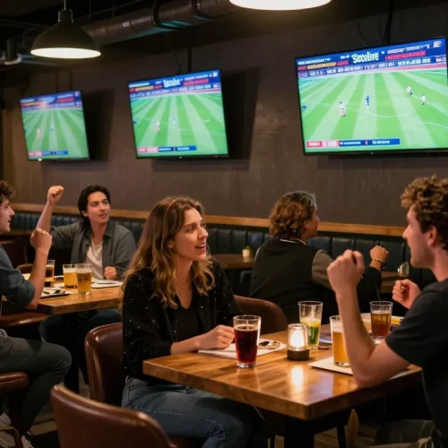Socolive patrons enjoying live football matches in a vibrant sports bar atmosphere.