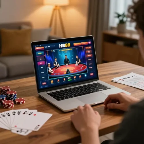 Player engaged with HB88 online platform, showcasing an animated poker game in a cozy home office.