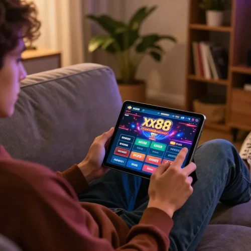 Player enjoying an online casino experience with xx88, engaged in strategic betting on their tablet.
