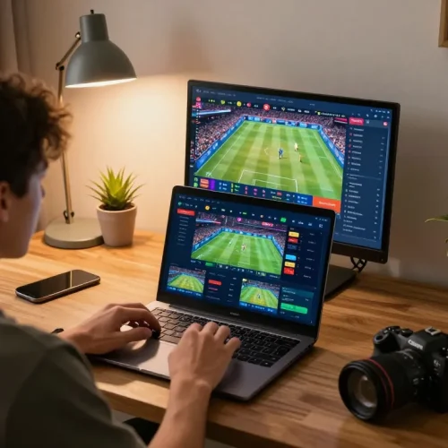 Xoilac TV user engaged in sports betting at home, laptop displaying live game interface with strategic betting options