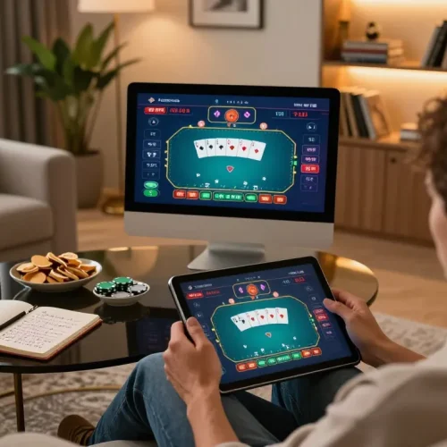 Kuwin player enjoying a poker game on a tablet in a cozy home environment.