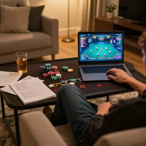 Person gaming on VIC88 online poker platform at home, showcasing a strategic gambling environment.