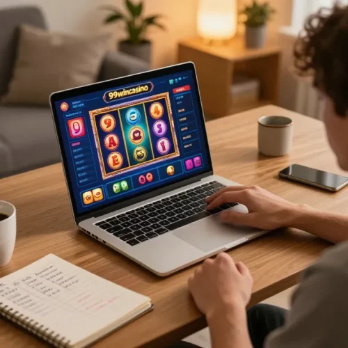 Engaged player experiencing the thrill of 99wincasino online gaming session with vibrant slot visuals.