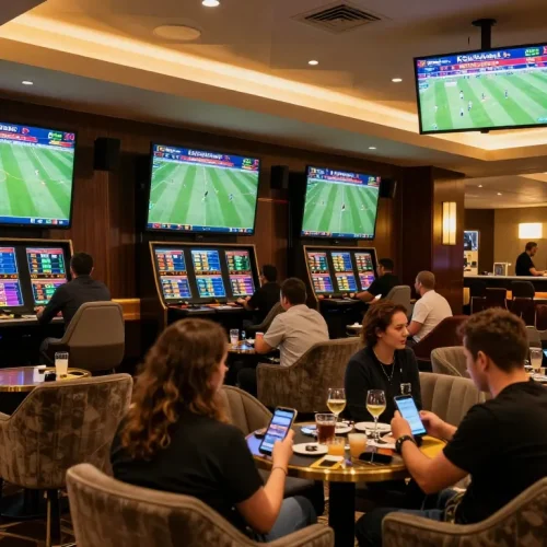 KQBD fans enjoying a vibrant sports betting experience in a luxury lounge with live matches displayed