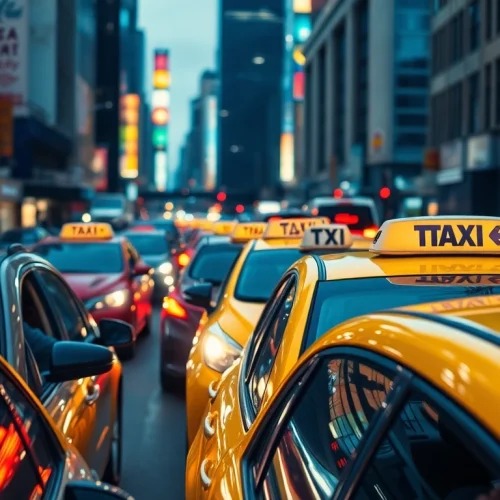 Taxi service showcasing vibrant city life with dynamic vehicles and busy streets.