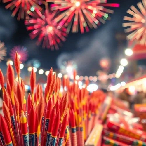 Shop vibrant fireworks for sale in an exciting outdoor market setting.