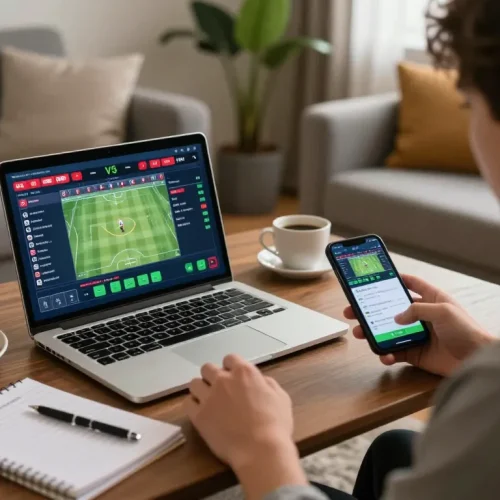 Engaged user exploring sports betting options on 8kbetbh from a cozy home setup.