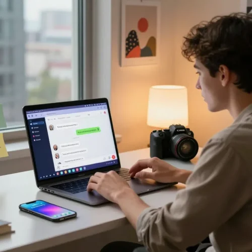 Engaging conversation on an ai nsfw platform with user-friendly digital interface and vibrant chat elements in a modern workspace.