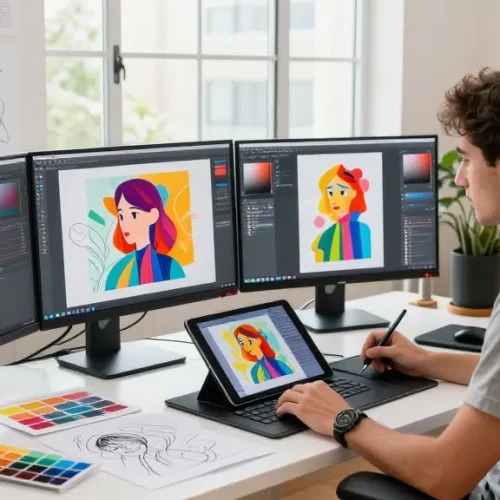 Artist using image to prompt tool to create AI art in a modern studio.