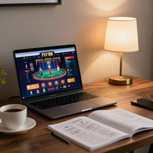 Person using FLY 88 for online gambling at a stylish desk with ambient lighting.