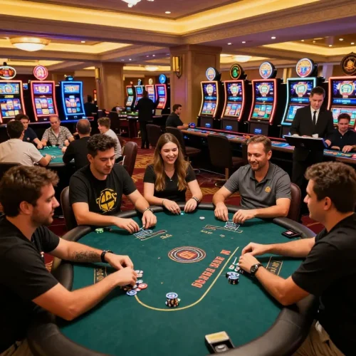 GO88i players engaging at a lively casino floor, showcasing vibrant slot machines and poker tables.